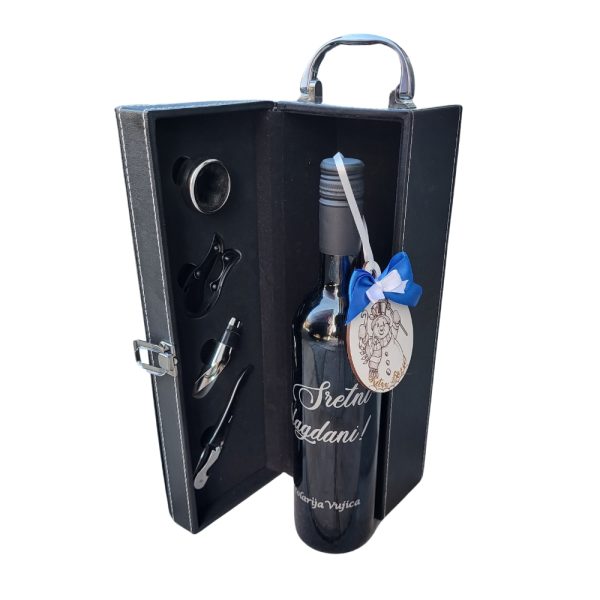 Poslovni poklon paket ,personalizirana butelja u prekrasnoj crnoj kožnoj kutiji sa setom pribora za vino, kuglica za bor